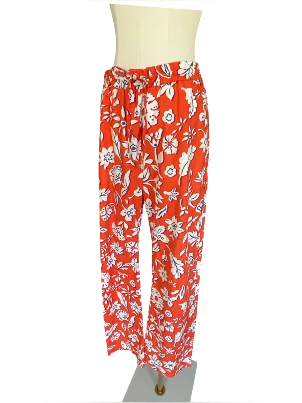 Zara Linen Blend Floral Drawstring Pants Wide Leg Orange White Size Small
